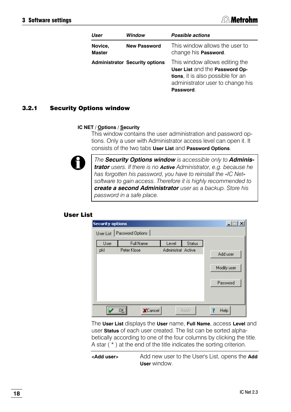1 security options window, User list | Metrohm IC Net 2.3 User Manual | Page 28 / 389