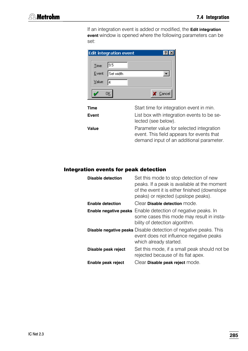 Integration events for peak detection | Metrohm IC Net 2.3 User Manual | Page 295 / 389