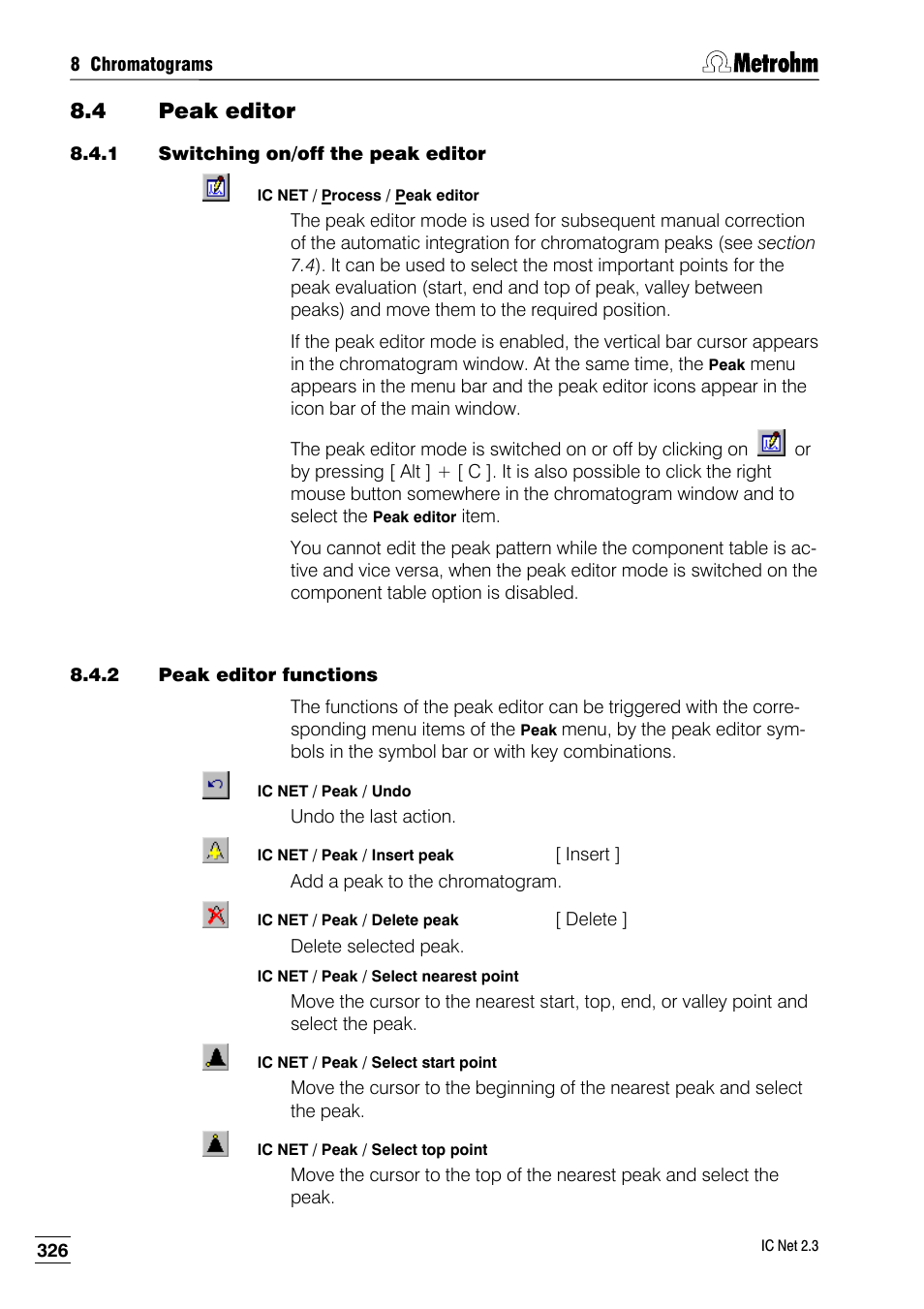 4 peak editor, 1 switching on/off the peak editor, 2 peak editor functions | Metrohm IC Net 2.3 User Manual | Page 336 / 389