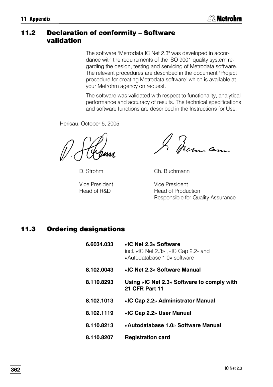 2 declaration of conformity – software validation, 3 ordering designations | Metrohm IC Net 2.3 User Manual | Page 372 / 389