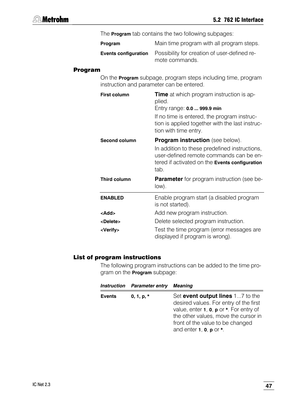 Program, List of program instructions | Metrohm IC Net 2.3 User Manual | Page 57 / 389