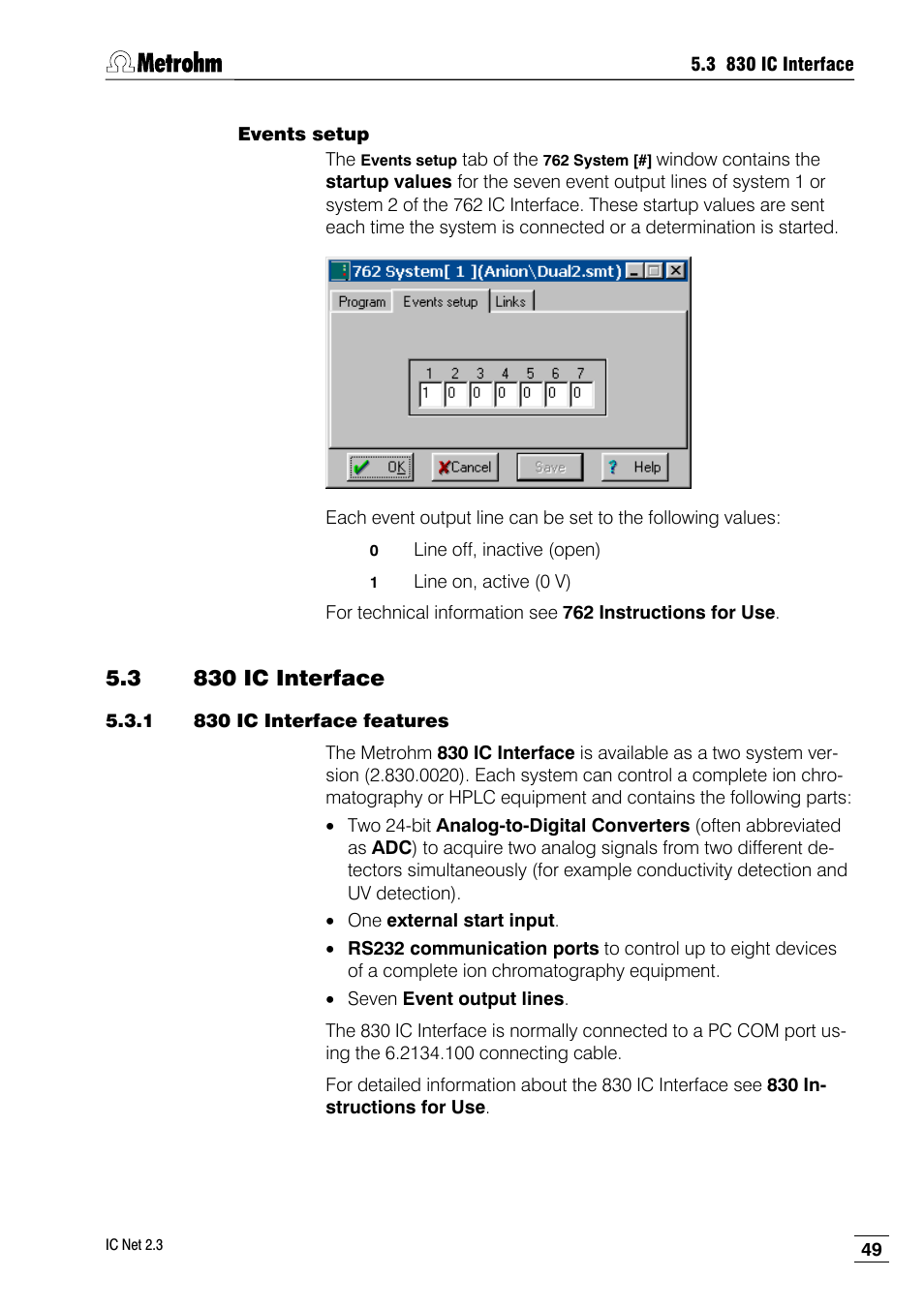 Events setup, 3 830 ic interface, 1 830 ic interface features | Metrohm IC Net 2.3 User Manual | Page 59 / 389