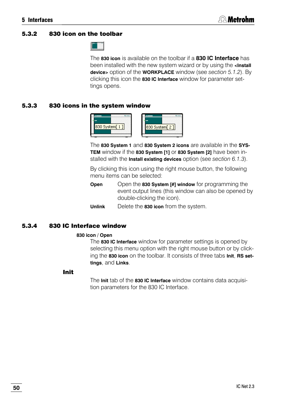 2 830 icon on the toolbar, 3 830 icons in the system window, 4 830 ic interface window | Init | Metrohm IC Net 2.3 User Manual | Page 60 / 389