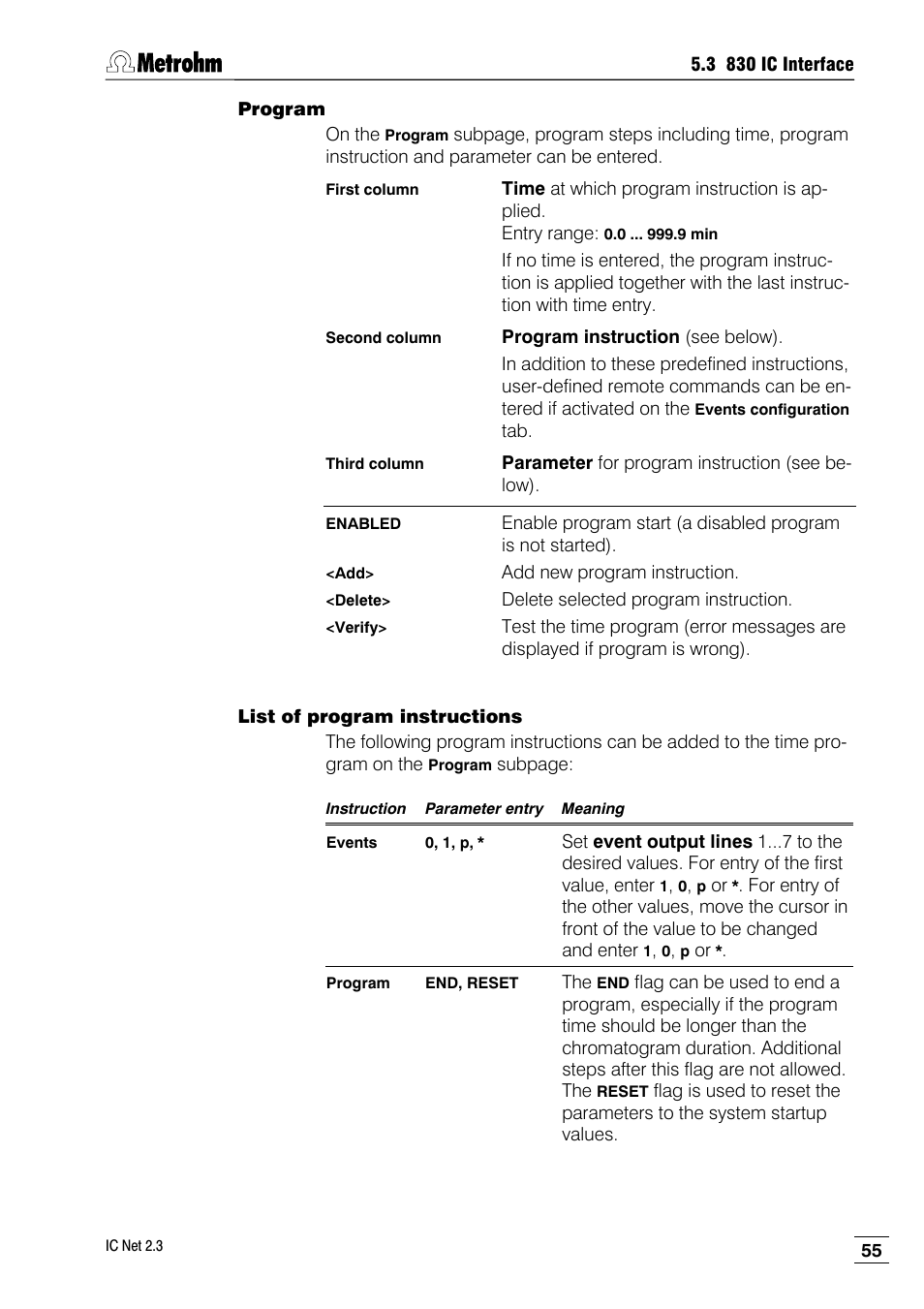 Program, List of program instructions | Metrohm IC Net 2.3 User Manual | Page 65 / 389