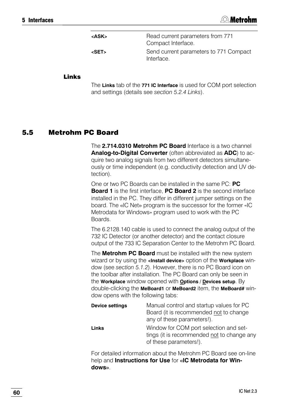 Links, 5 metrohm pc board | Metrohm IC Net 2.3 User Manual | Page 70 / 389