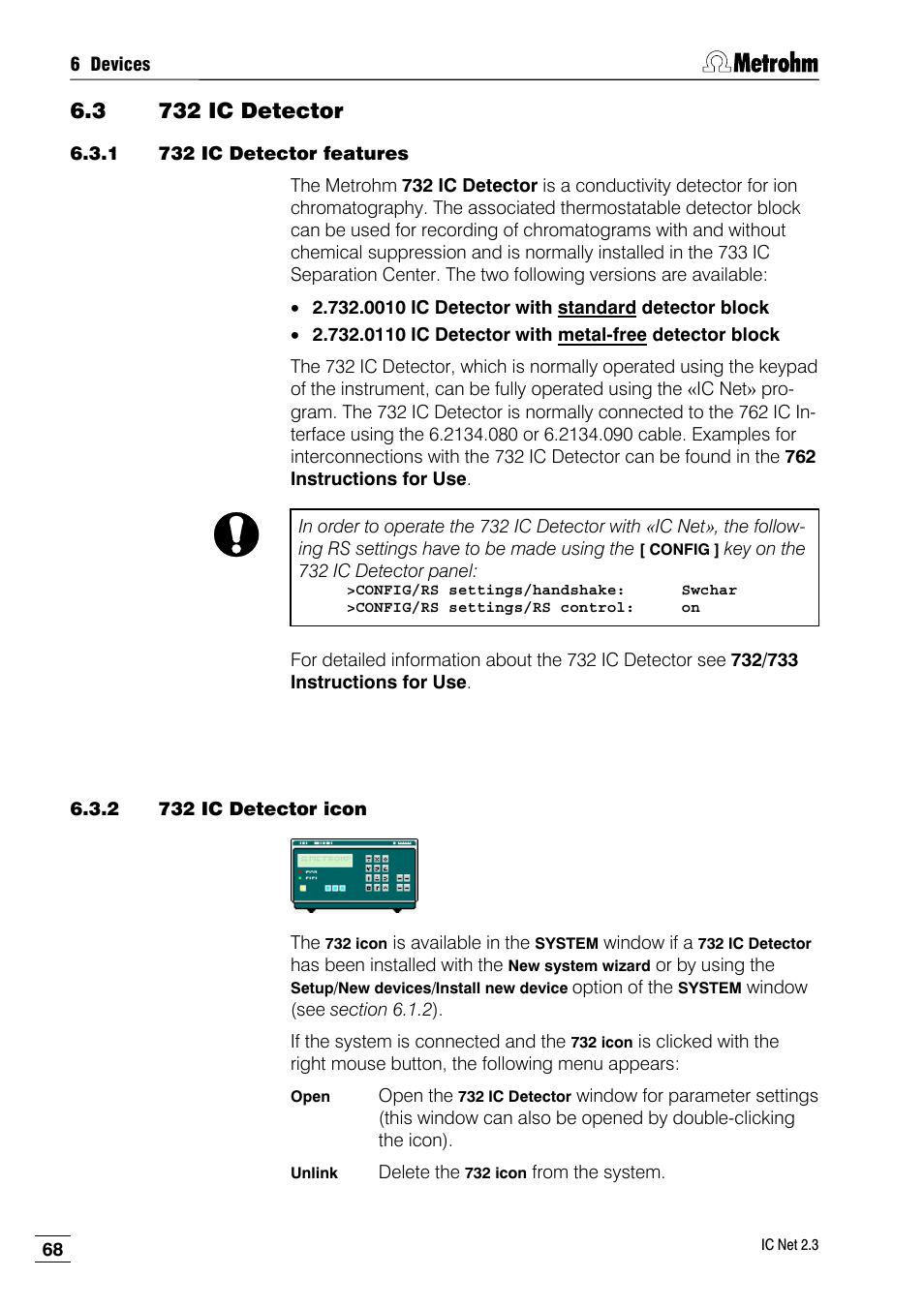 3 732 ic detector, 1 732 ic detector features, 2 732 ic detector icon | Metrohm IC Net 2.3 User Manual | Page 78 / 389