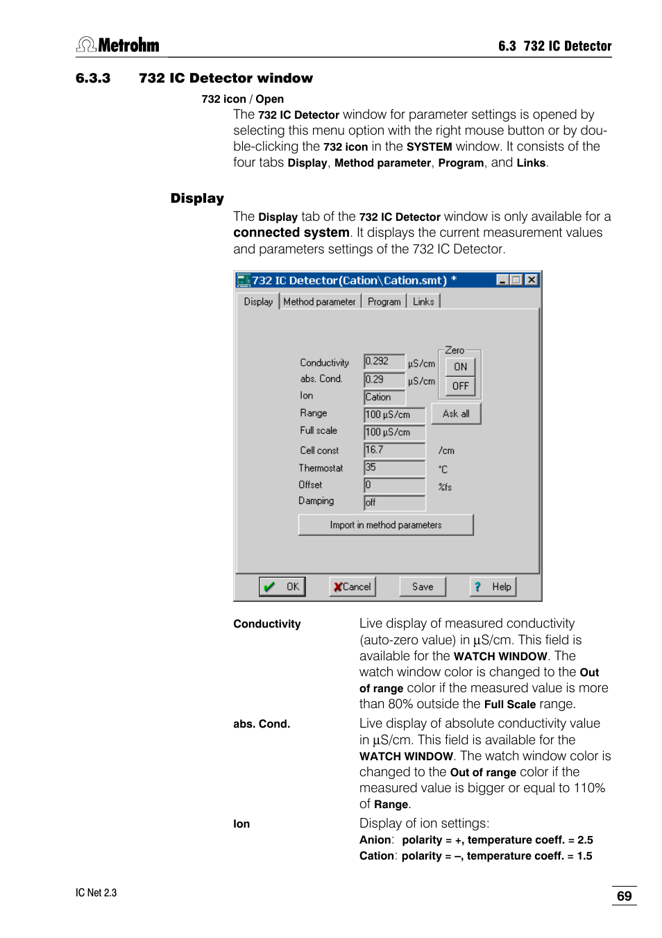 3 732 ic detector window, Display | Metrohm IC Net 2.3 User Manual | Page 79 / 389