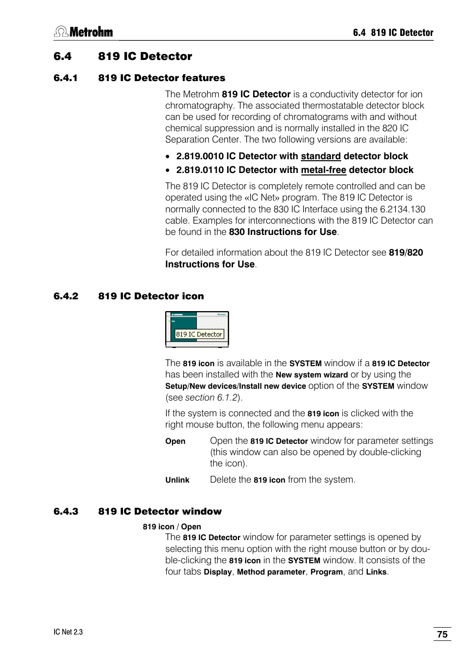 4 819 ic detector, 1 819 ic detector features, 2 819 ic detector icon | 3 819 ic detector window | Metrohm IC Net 2.3 User Manual | Page 85 / 389
