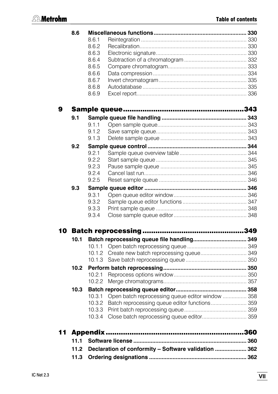 9 sample queue, 10 batch reprocessing, 11 appendix | Metrohm IC Net 2.3 User Manual | Page 9 / 389