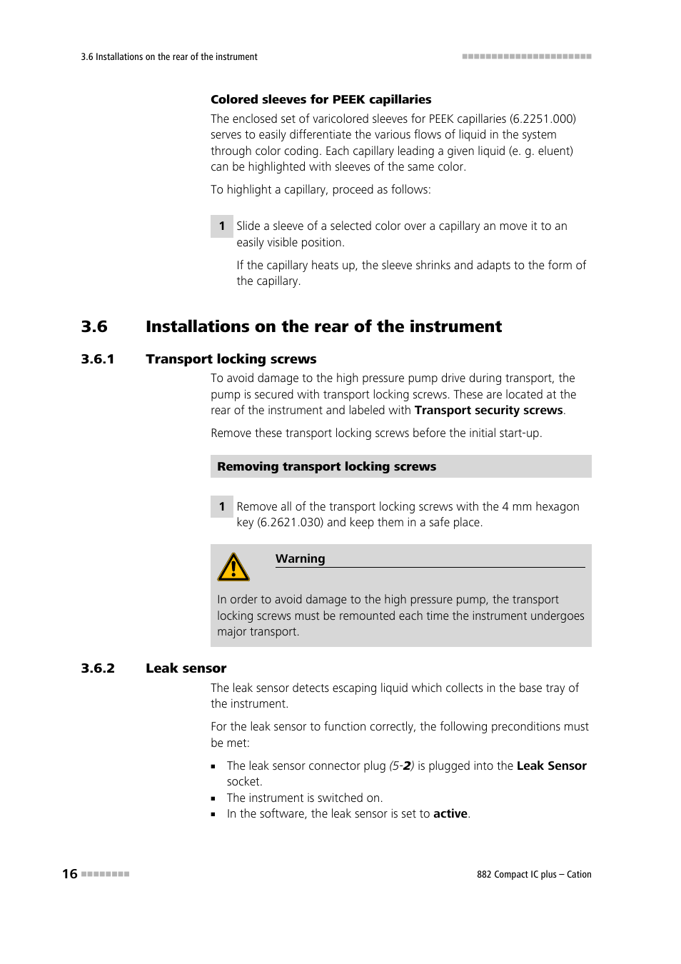 6 installations on the rear of the instrument, 1 transport locking screws, 2 leak sensor | Installations on the rear of the instrument, Transport locking screws, Leak sensor | Metrohm 882 Compact IC plus – Cation User Manual | Page 24 / 93
