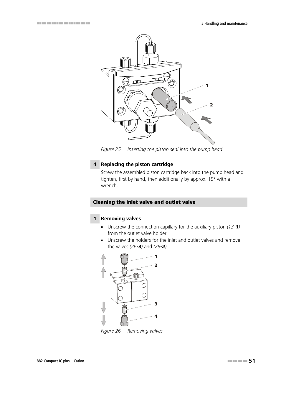 Figure 25, Inserting the piston seal into the pump head, Figure 26 | Removing valves | Metrohm 882 Compact IC plus – Cation User Manual | Page 59 / 93