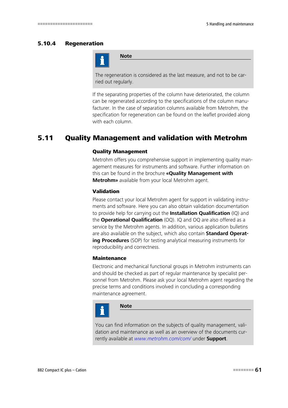 4 regeneration, 11 quality management and validation with metrohm, Regeneration | Metrohm 882 Compact IC plus – Cation User Manual | Page 69 / 93