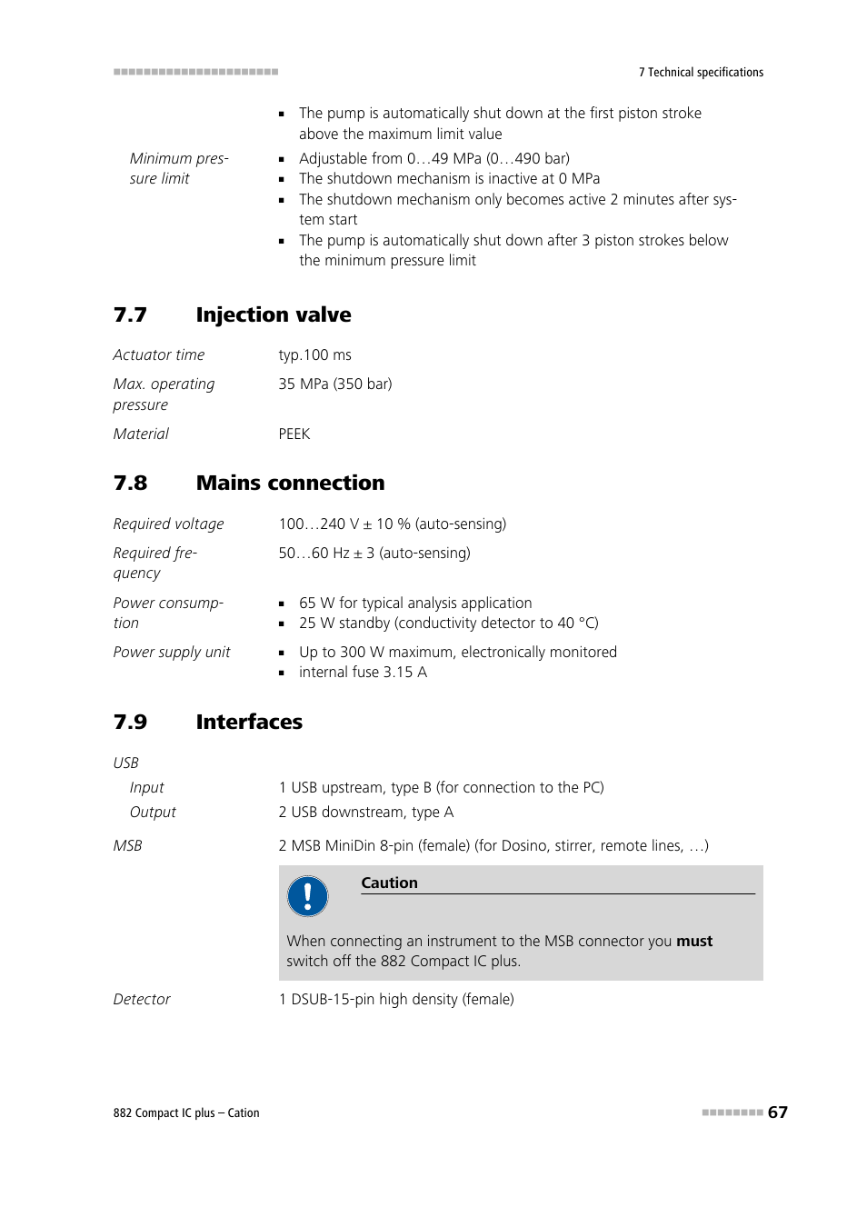 7 injection valve, 8 mains connection, 9 interfaces | Injection valve, Mains connection, Interfaces | Metrohm 882 Compact IC plus – Cation User Manual | Page 75 / 93