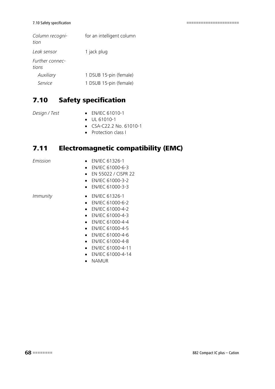 10 safety specification, 11 electromagnetic compatibility (emc) | Metrohm 882 Compact IC plus – Cation User Manual | Page 76 / 93
