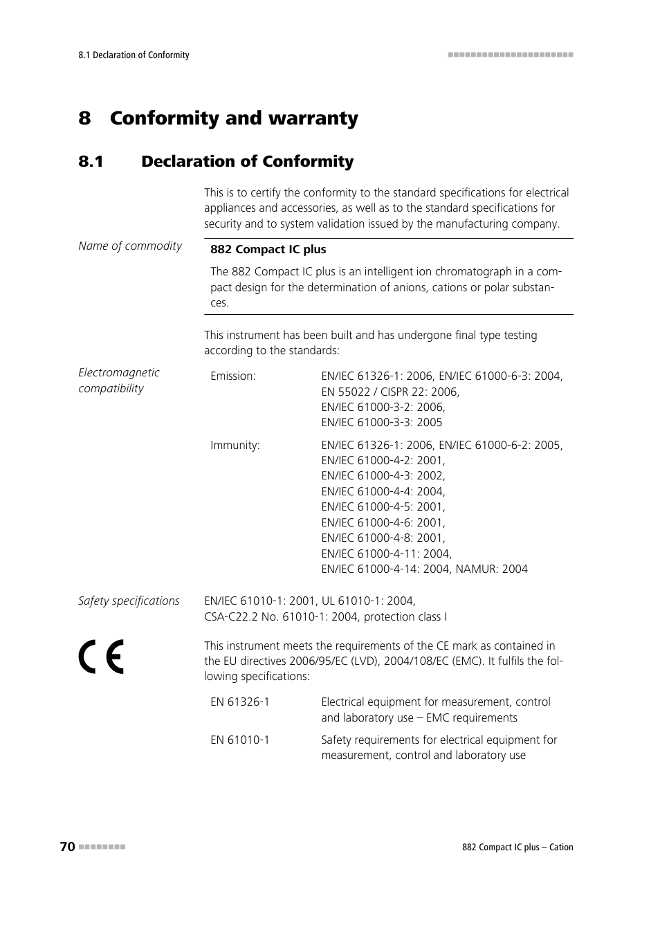 8 conformity and warranty, 1 declaration of conformity, Declaration of conformity | Metrohm 882 Compact IC plus – Cation User Manual | Page 78 / 93