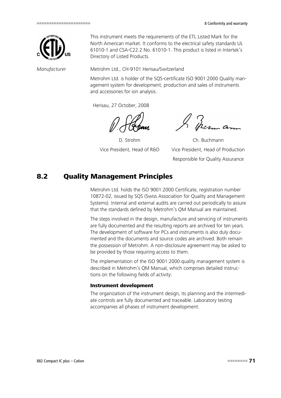 2 quality management principles, Quality management principles | Metrohm 882 Compact IC plus – Cation User Manual | Page 79 / 93