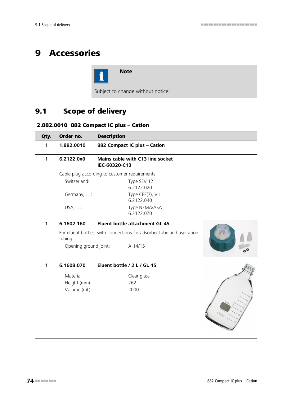9 accessories, 1 scope of delivery, Scope of delivery | Metrohm 882 Compact IC plus – Cation User Manual | Page 82 / 93