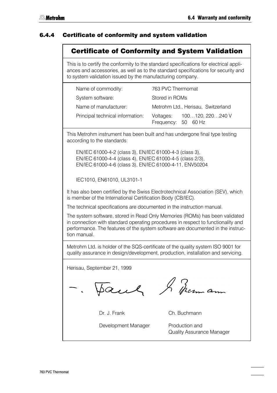 Certificate of conformity and system validation | Metrohm 763 PVC Thermomat Manual User Manual | Page 152 / 157