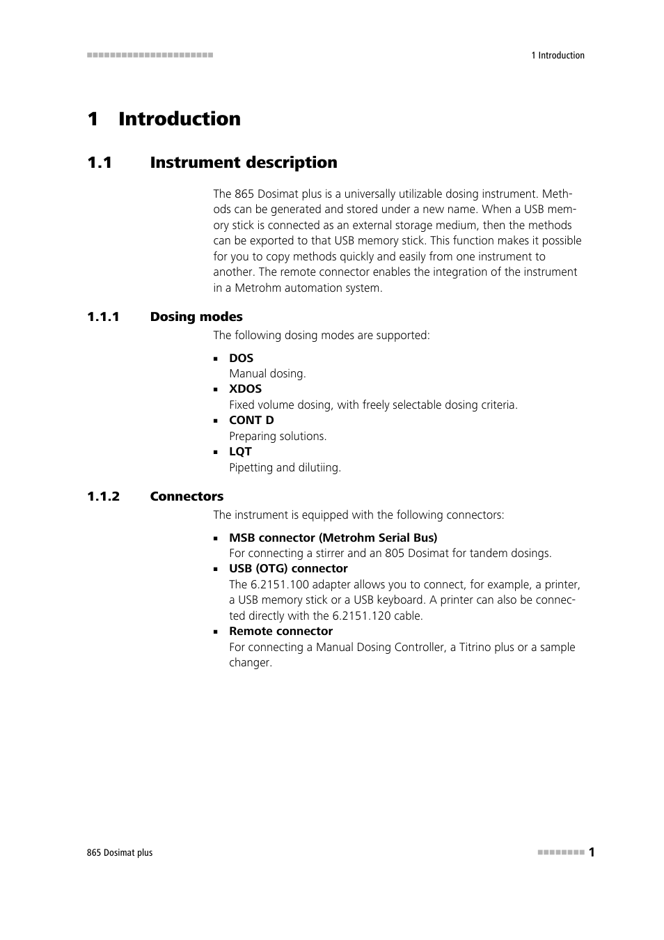 1 introduction, 1 instrument description, 1 dosing modes | 2 connectors, Instrument description, Dosing modes, Connectors | Metrohm 865 Dosimat plus User Manual | Page 11 / 97