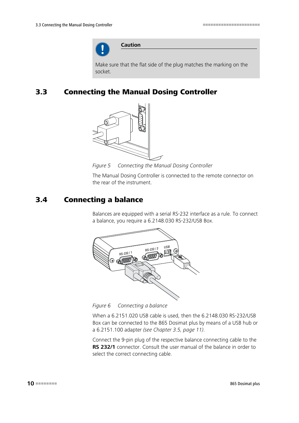 3 connecting the manual dosing controller, 4 connecting a balance, Connecting the manual dosing controller | Connecting a balance, Figure 5, Figure 6 | Metrohm 865 Dosimat plus User Manual | Page 20 / 97