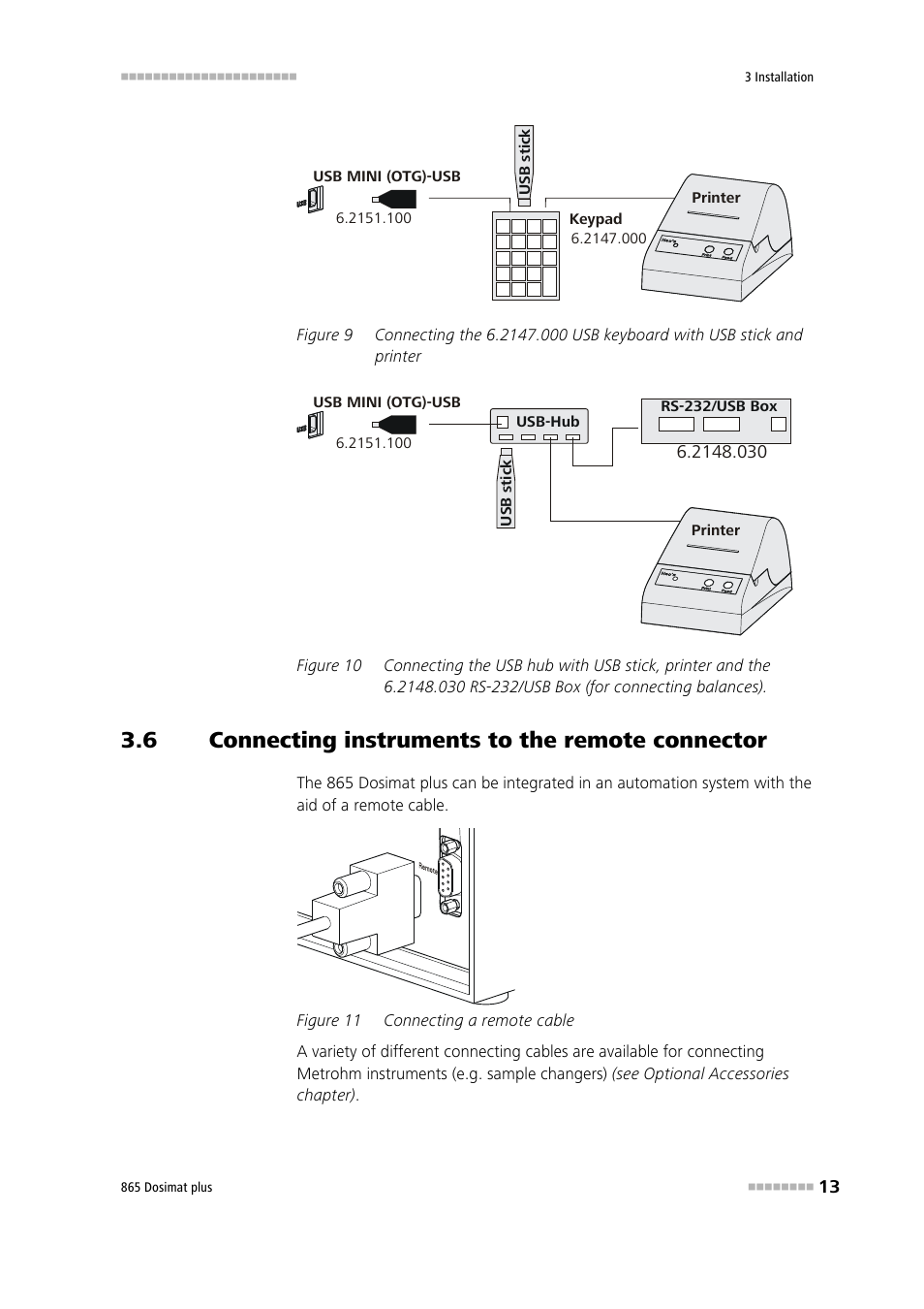 6 connecting instruments to the remote connector, Connecting instruments to the remote connector, Figure 9 | Figure 10, Figure 11, Connecting a remote cable | Metrohm 865 Dosimat plus User Manual | Page 23 / 97