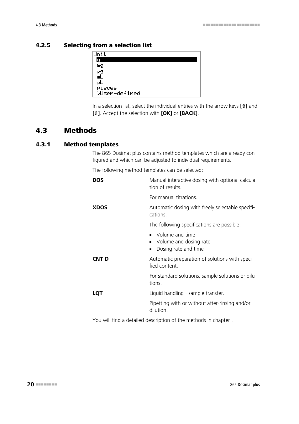 5 selecting from a selection list, 3 methods, 1 method templates | Selecting from a selection list, Methods, Method templates | Metrohm 865 Dosimat plus User Manual | Page 30 / 97