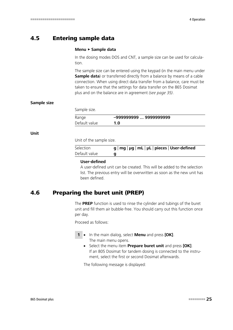 5 entering sample data, 6 preparing the buret unit (prep), Entering sample data | Preparing the buret unit (prep) | Metrohm 865 Dosimat plus User Manual | Page 35 / 97