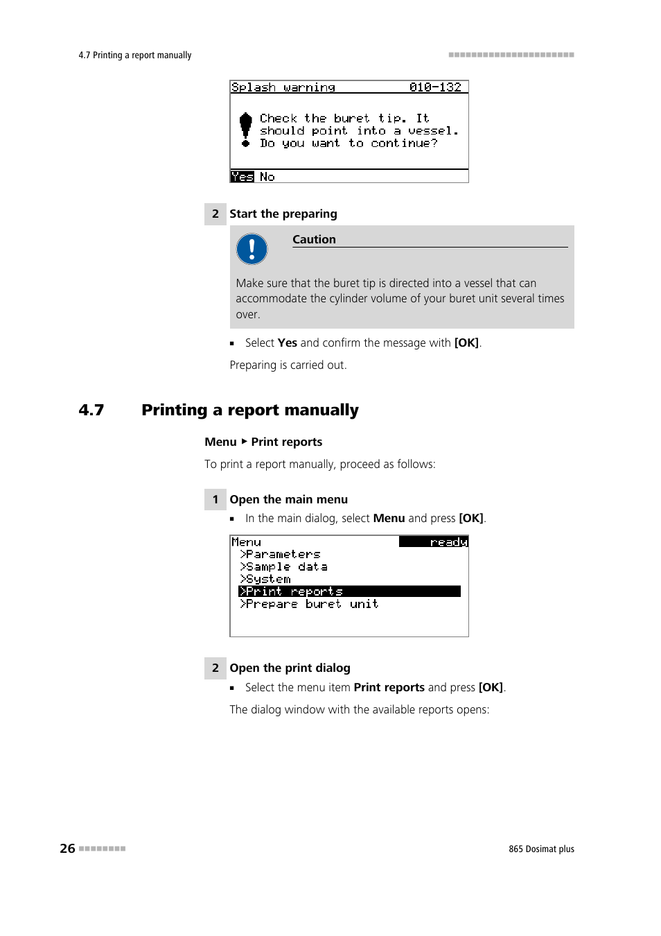 7 printing a report manually, Printing a report manually | Metrohm 865 Dosimat plus User Manual | Page 36 / 97