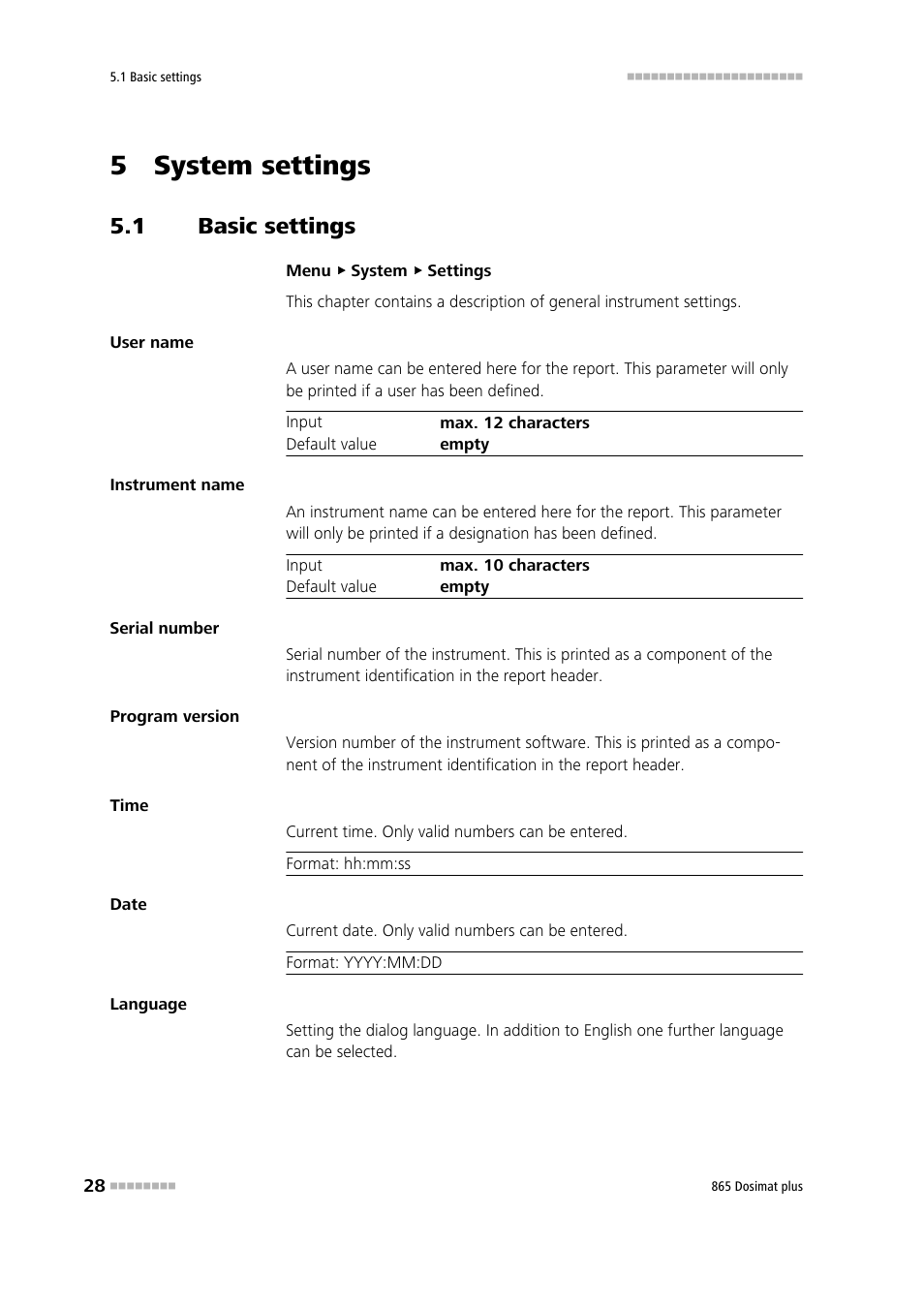 5 system settings, 1 basic settings, Basic settings | Metrohm 865 Dosimat plus User Manual | Page 38 / 97