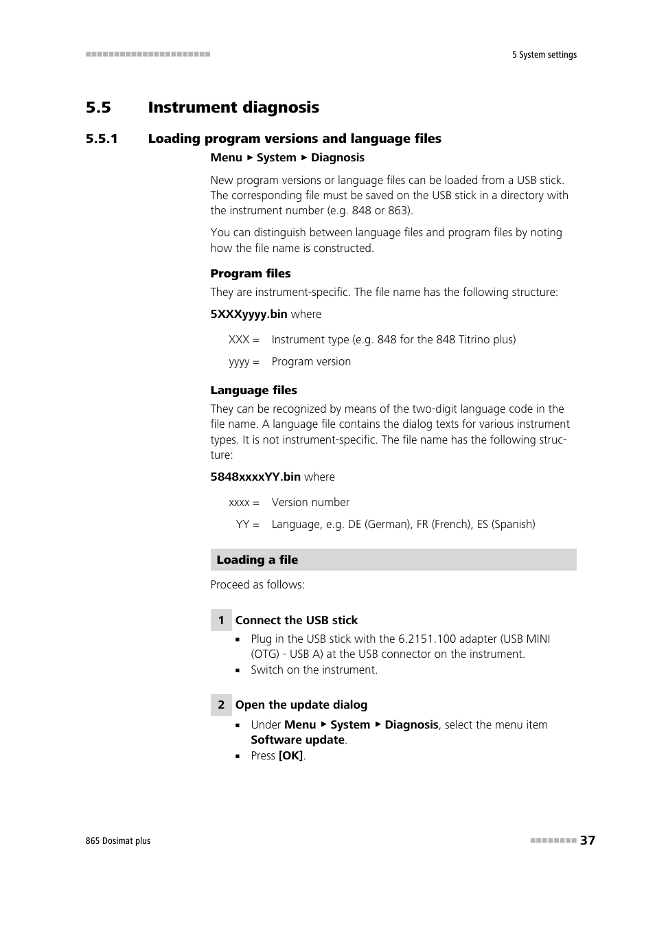 5 instrument diagnosis, 1 loading program versions and language files, Instrument diagnosis | Loading program versions and language files | Metrohm 865 Dosimat plus User Manual | Page 47 / 97