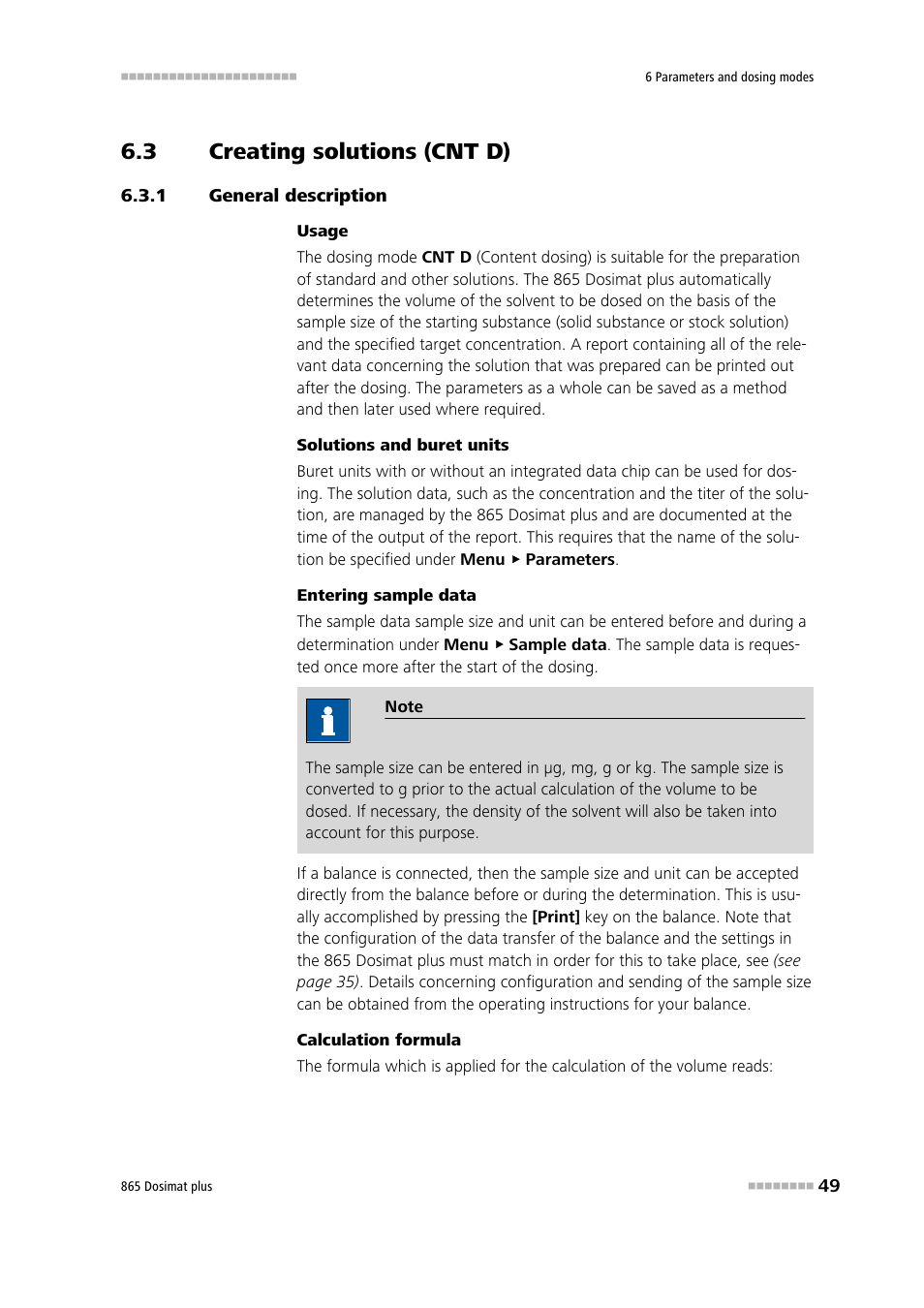 3 creating solutions (cnt d), 1 general description, Creating solutions (cnt d) | General description | Metrohm 865 Dosimat plus User Manual | Page 59 / 97