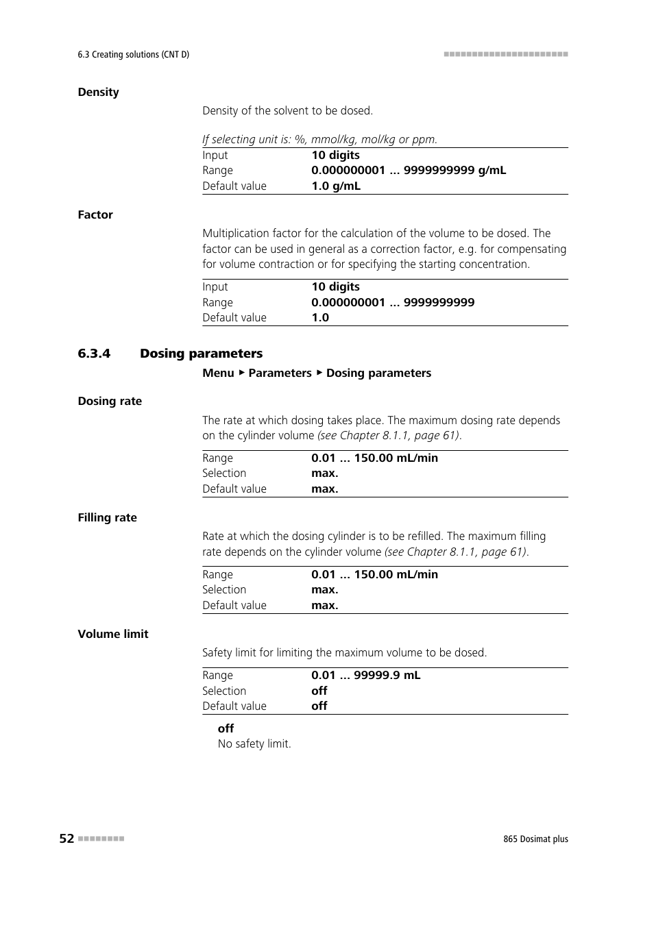 4 dosing parameters, Dosing parameters | Metrohm 865 Dosimat plus User Manual | Page 62 / 97