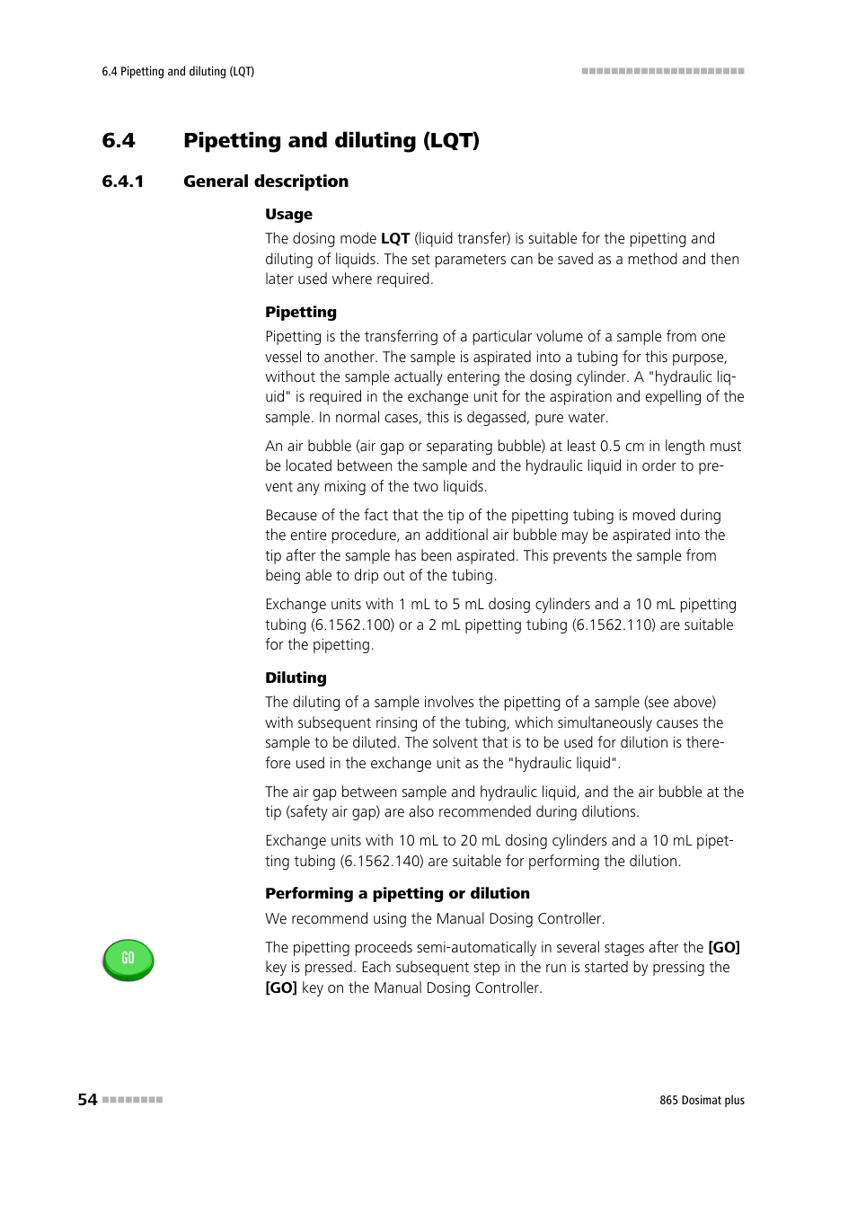 4 pipetting and diluting (lqt), 1 general description, Pipetting and diluting (lqt) | General description | Metrohm 865 Dosimat plus User Manual | Page 64 / 97