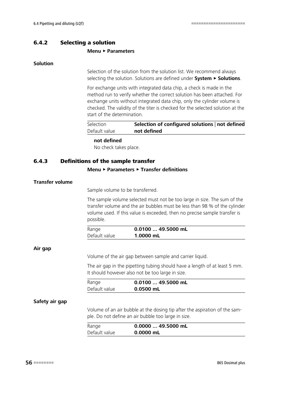 2 selecting a solution, 3 definitions of the sample transfer, Selecting a solution | Definitions of the sample transfer | Metrohm 865 Dosimat plus User Manual | Page 66 / 97