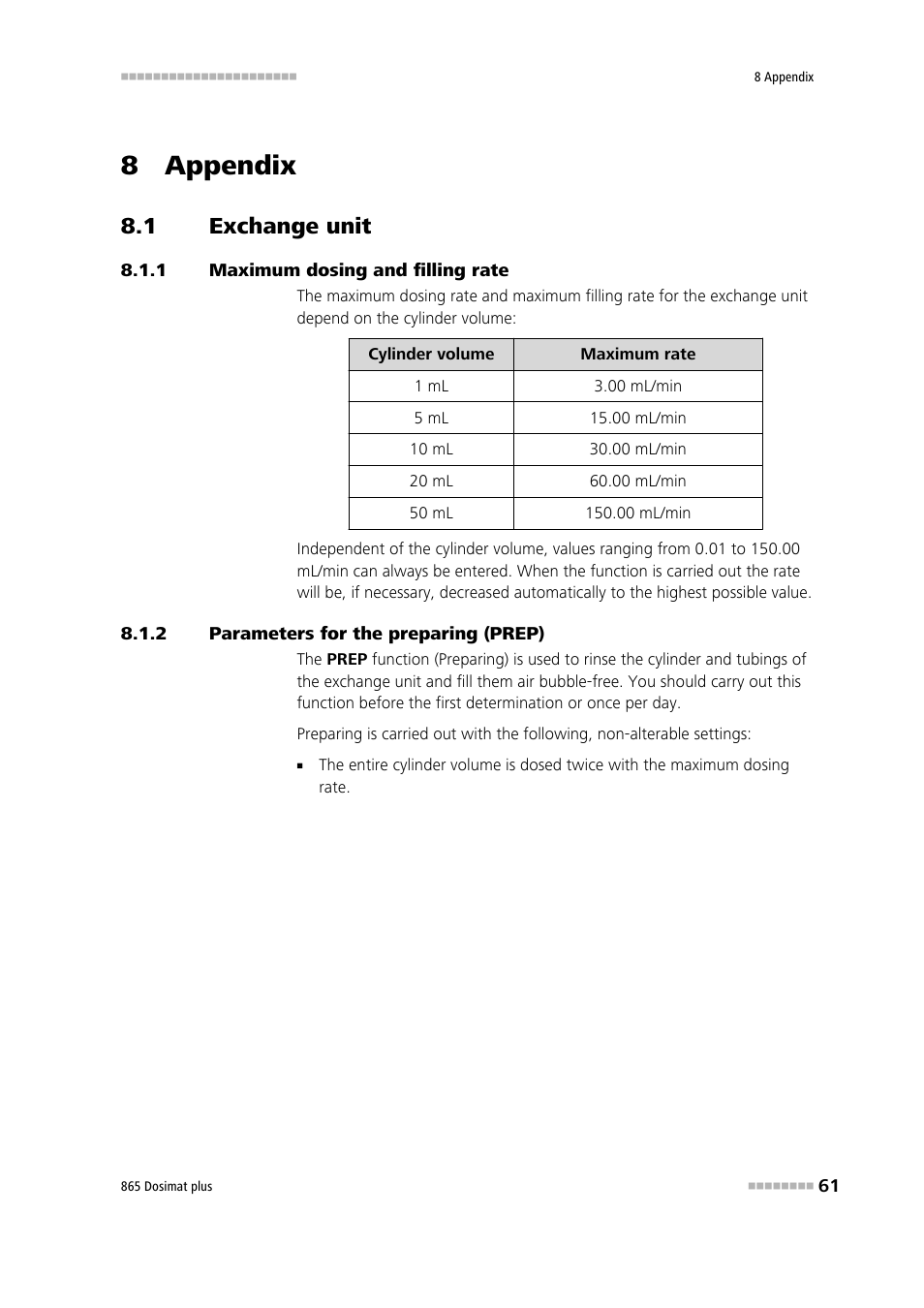 8 appendix, 1 exchange unit, 1 maximum dosing and filling rate | 2 parameters for the preparing (prep), Exchange unit, Maximum dosing and filling rate, Parameters for the preparing (prep) | Metrohm 865 Dosimat plus User Manual | Page 71 / 97