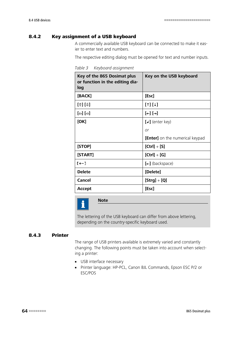 2 key assignment of a usb keyboard, 3 printer, Key assignment of a usb keyboard | Printer | Metrohm 865 Dosimat plus User Manual | Page 74 / 97