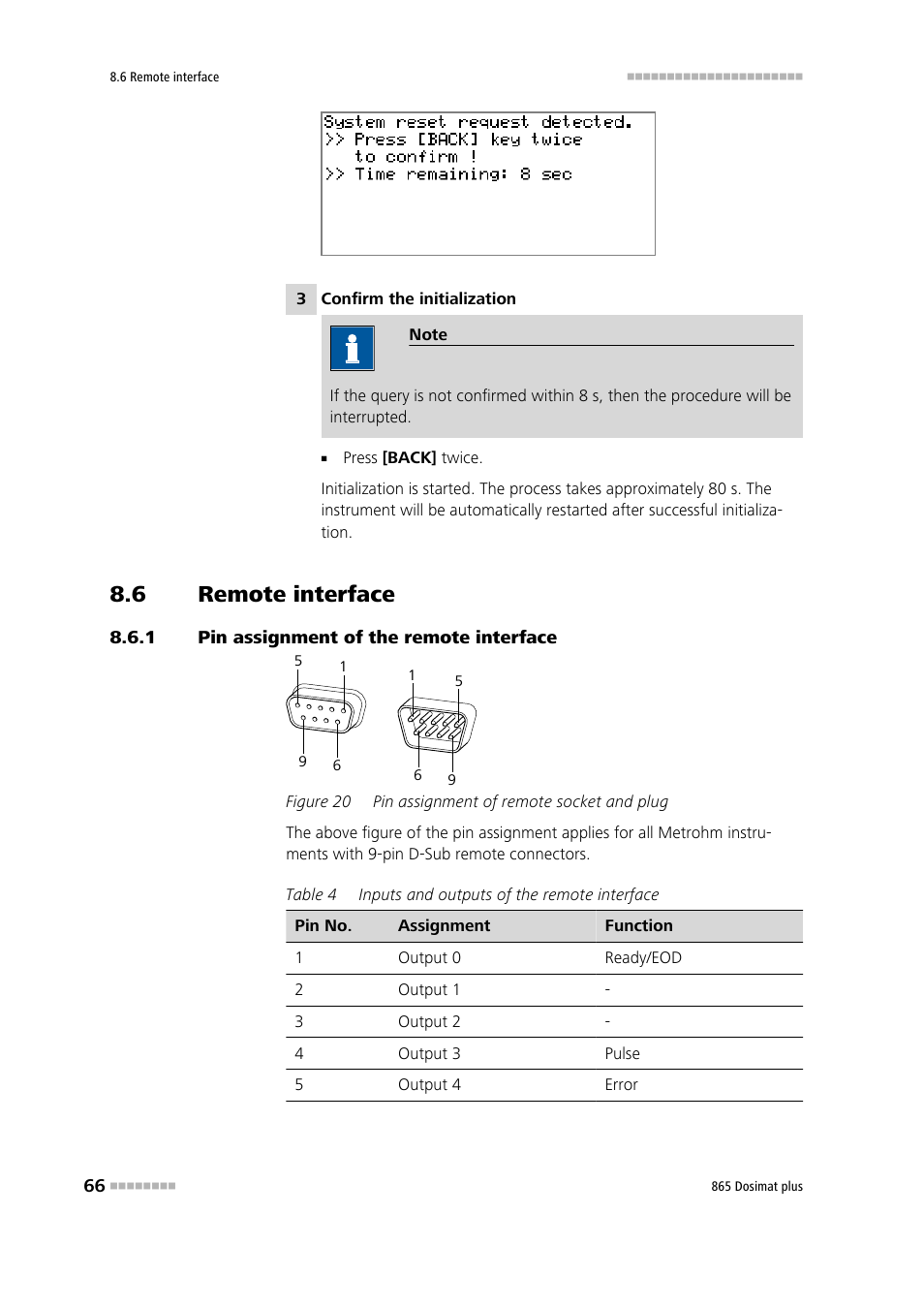 6 remote interface, 1 pin assignment of the remote interface, Remote interface | Pin assignment of the remote interface, Figure 20, Pin assignment of remote socket and plug | Metrohm 865 Dosimat plus User Manual | Page 76 / 97