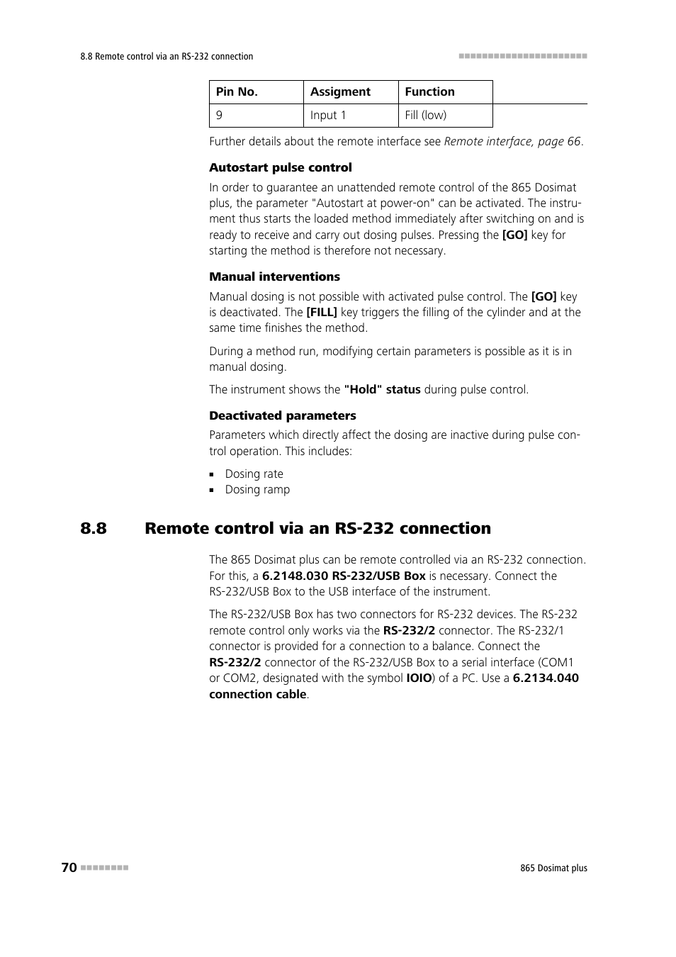 8 remote control via an rs-232 connection, Remote control via an rs-232 connection | Metrohm 865 Dosimat plus User Manual | Page 80 / 97