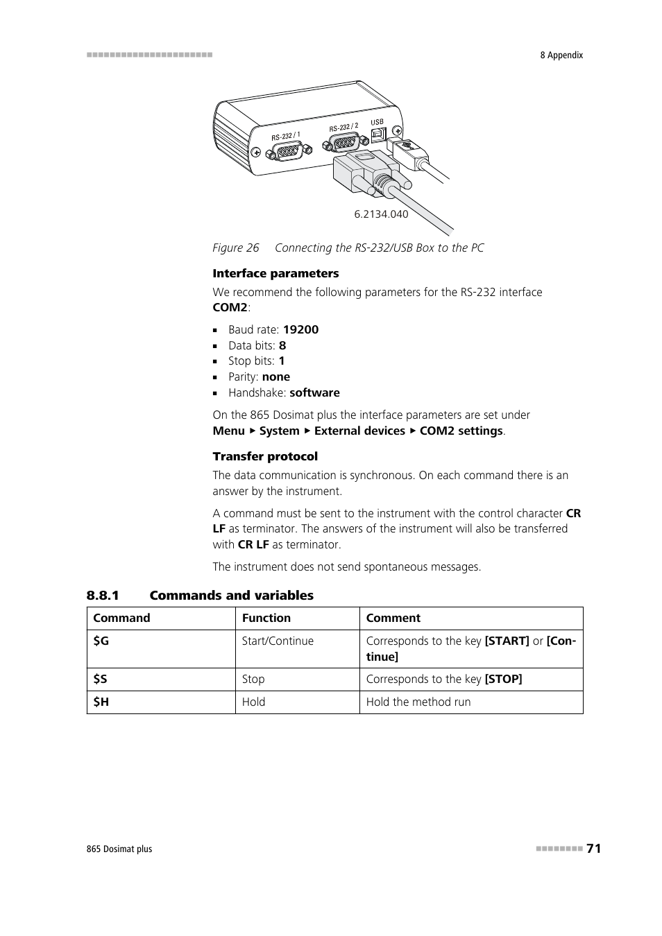 1 commands and variables, Commands and variables, Figure 26 | Connecting the rs-232/usb box to the pc | Metrohm 865 Dosimat plus User Manual | Page 81 / 97