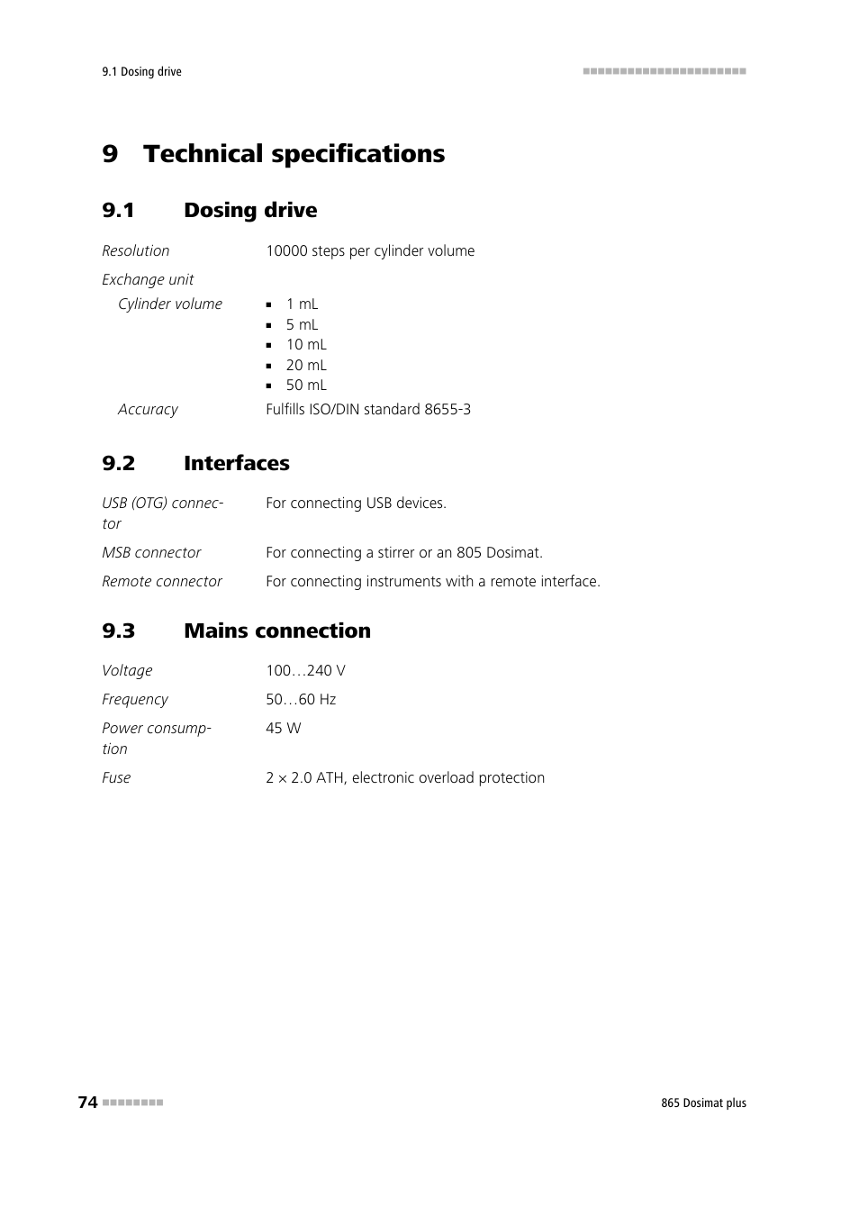 9 technical specifications, 1 dosing drive, 2 interfaces | 3 mains connection, Dosing drive, Interfaces, Mains connection | Metrohm 865 Dosimat plus User Manual | Page 84 / 97