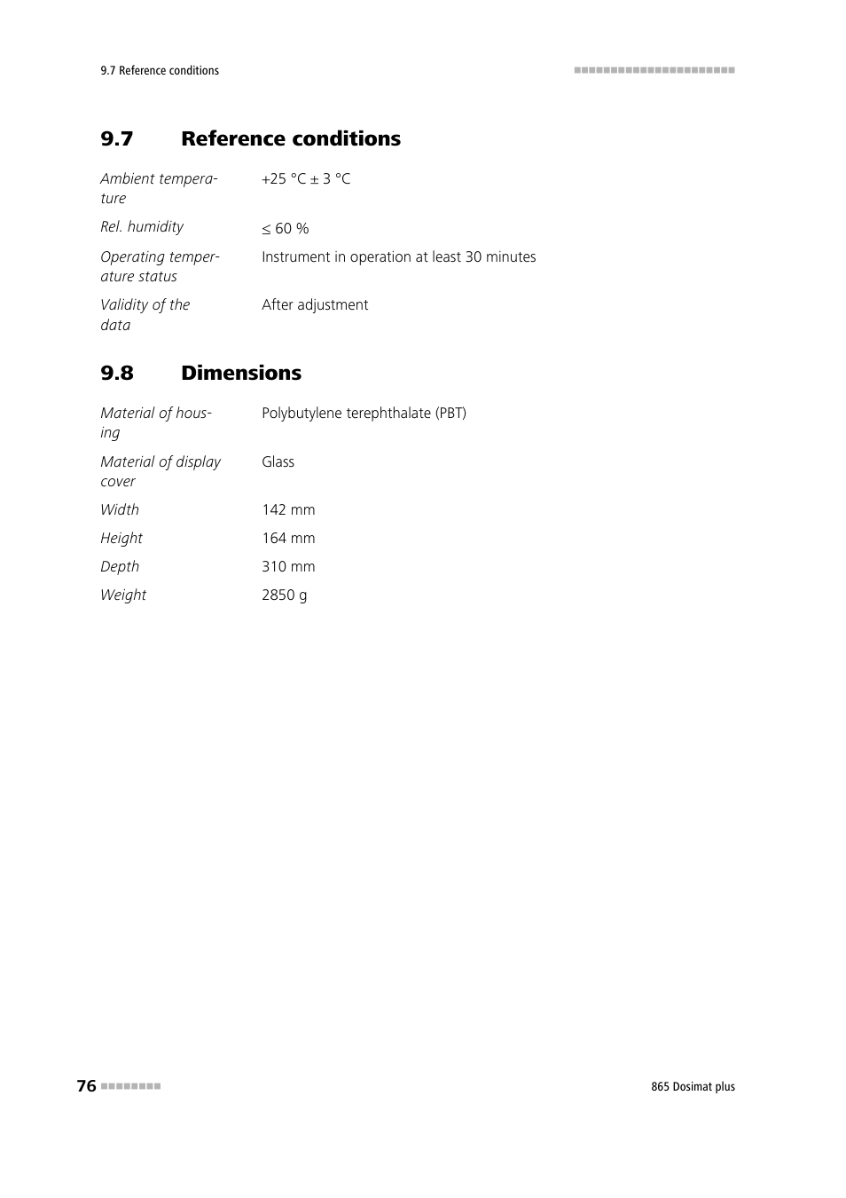 7 reference conditions, 8 dimensions, Reference conditions | Dimensions | Metrohm 865 Dosimat plus User Manual | Page 86 / 97