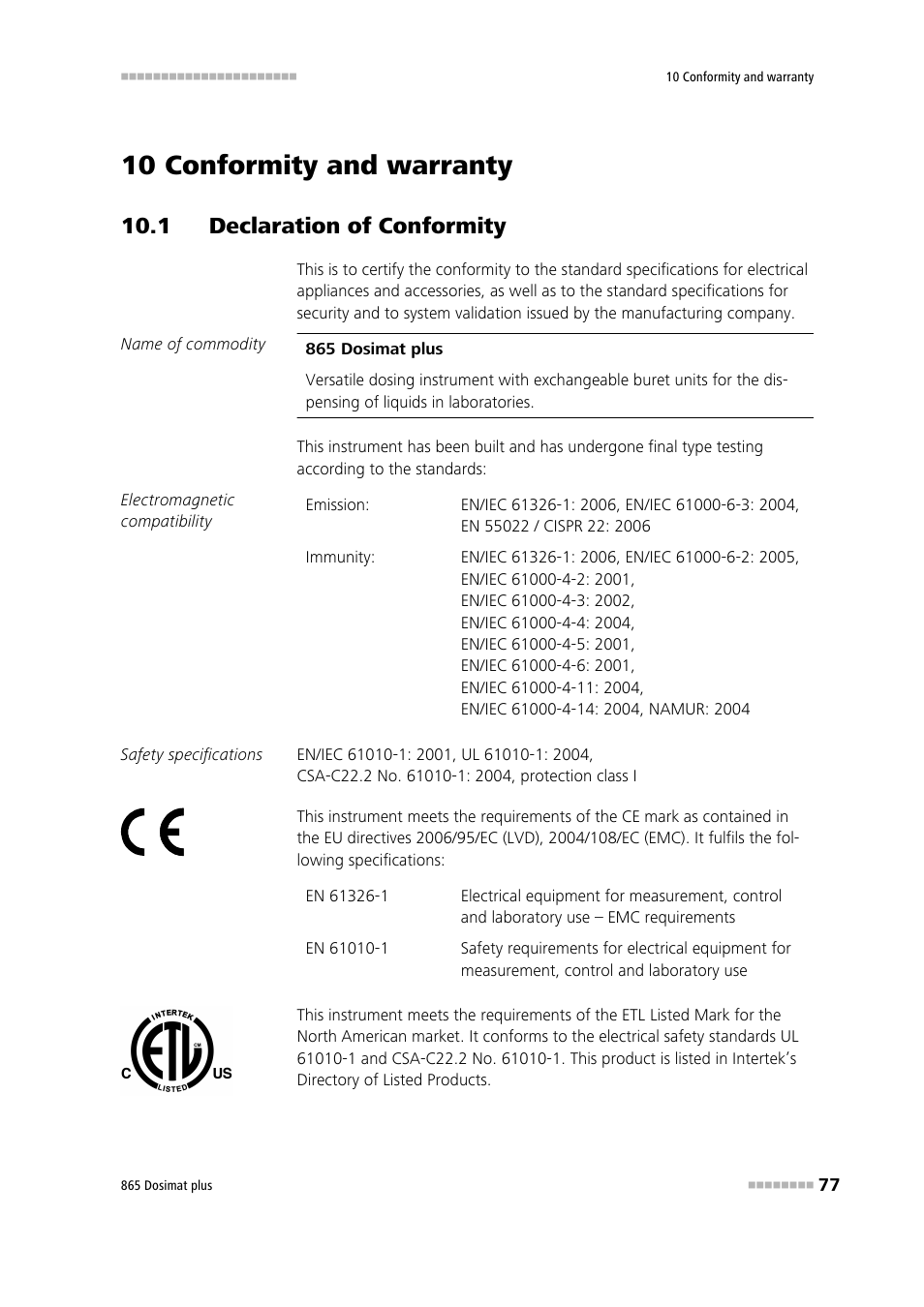 10 conformity and warranty, 1 declaration of conformity | Metrohm 865 Dosimat plus User Manual | Page 87 / 97