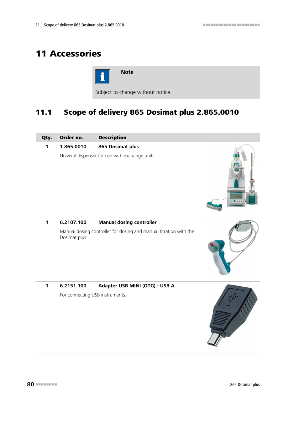 11 accessories, 1 scope of delivery 865 dosimat plus 2.865.0010 | Metrohm 865 Dosimat plus User Manual | Page 90 / 97