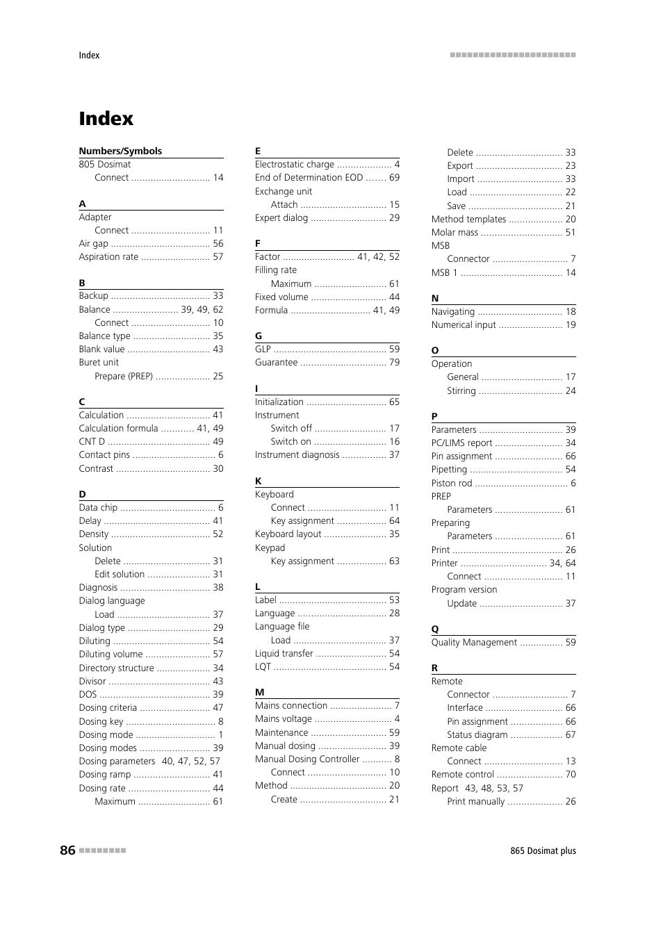 Index | Metrohm 865 Dosimat plus User Manual | Page 96 / 97