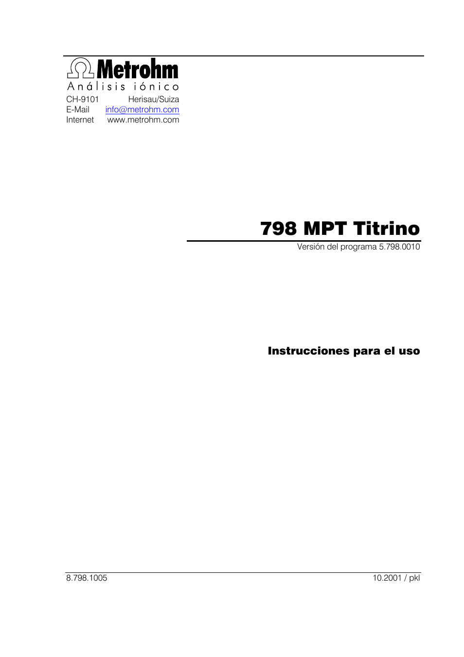 Metrohm 798 MPT Titrino User Manual | 184 pages