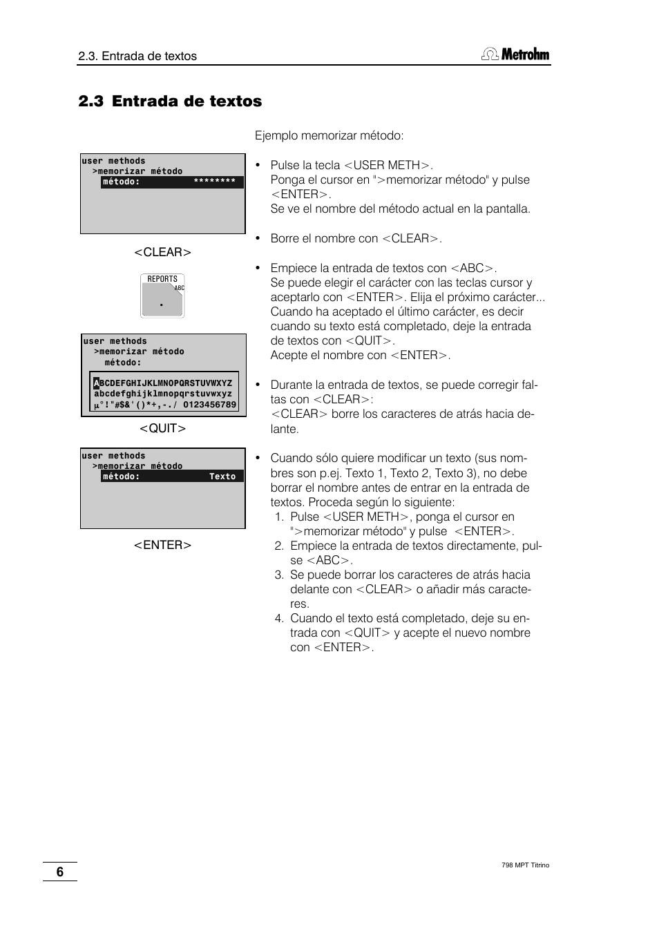 3 entrada de textos | Metrohm 798 MPT Titrino User Manual | Page 10 / 184