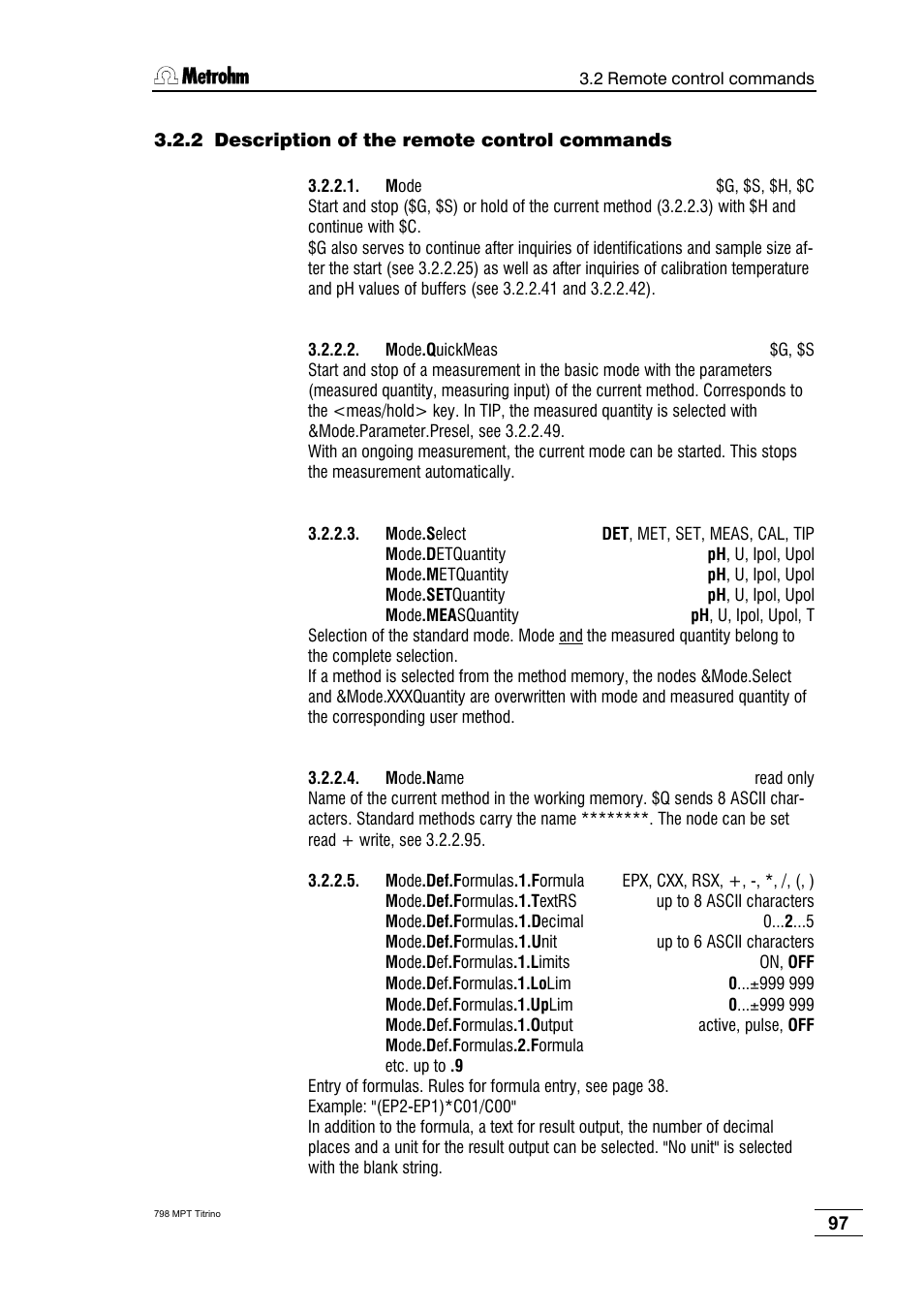 2 description of the remote control commands | Metrohm 798 MPT Titrino User Manual | Page 101 / 184