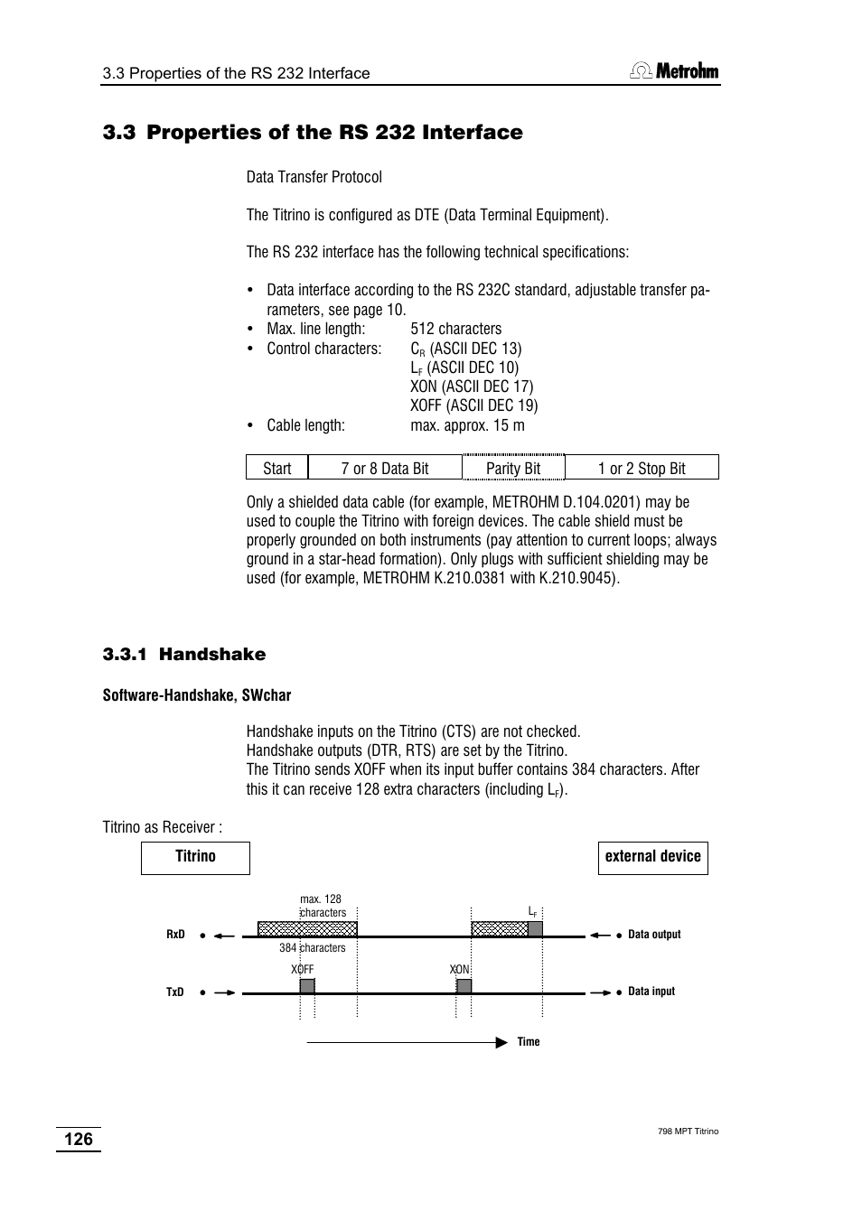 3 properties of the rs 232 interface, 1 handshake | Metrohm 798 MPT Titrino User Manual | Page 130 / 184