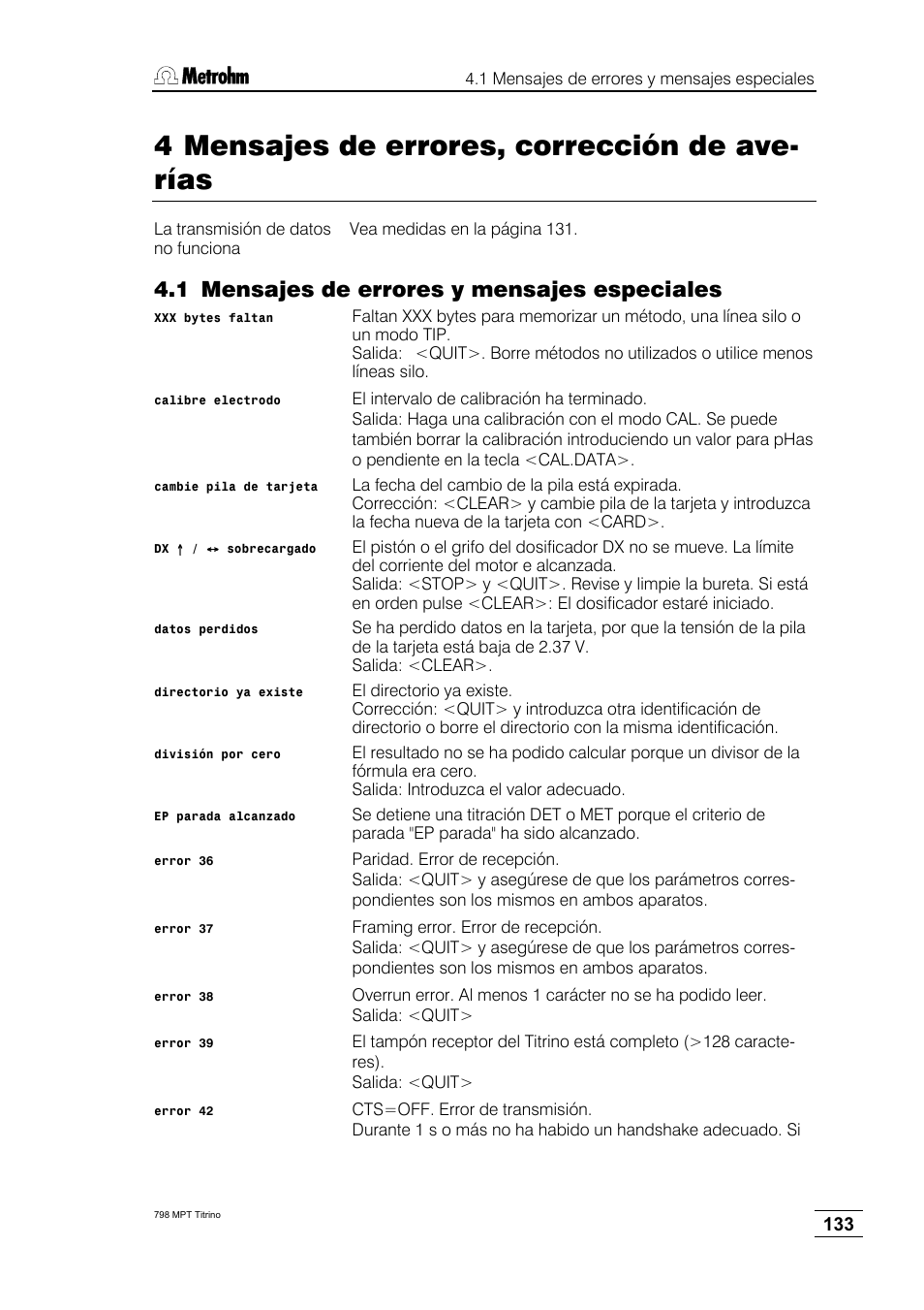 4 mensajes de errores, corrección de averías, 1 mensajes de errores y mensajes especiales, 4 mensajes de errores, corrección de ave- rías | Metrohm 798 MPT Titrino User Manual | Page 137 / 184