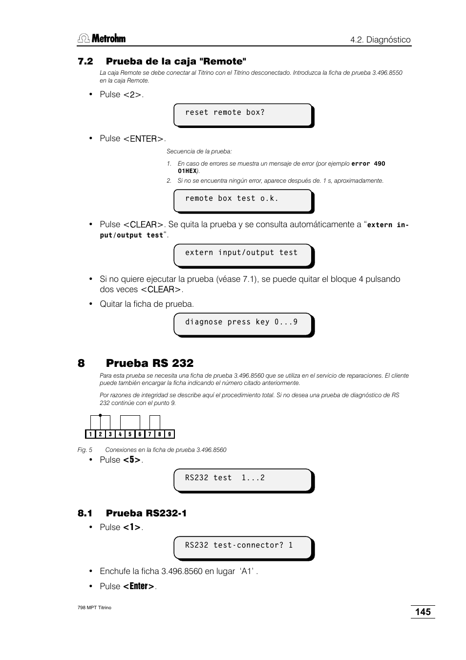 8prueba rs 232, 2 prueba de la caja "remote | Metrohm 798 MPT Titrino User Manual | Page 149 / 184